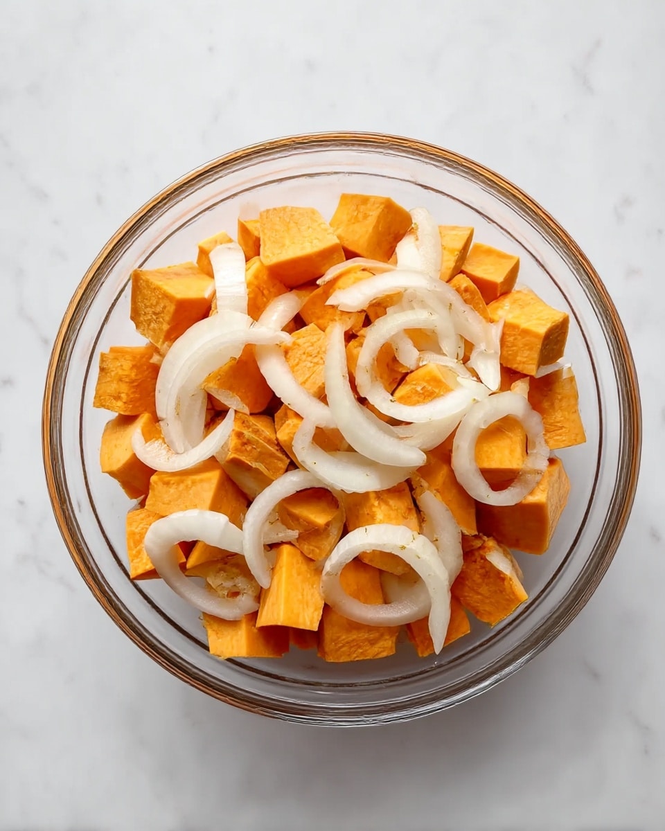 A clear glass bowl filled with two main layers: the bottom layer has bright orange cubes of sweet potatoes evenly spread, and the top layer has thin, curved white onion slices scattered across the sweet potatoes. The bowl sits on a white marbled surface, with the colors of the ingredients standing out clearly in natural light. photo taken with an iphone --ar 4:5 --v 7