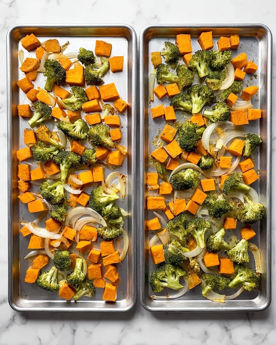 Two silver baking sheets are placed side by side on a white marbled surface, each filled with evenly spread roasted vegetables. Each sheet has bright orange cubes of sweet potato scattered across it, mixed with vibrant green broccoli florets and thin pale brown onion slices. The colors stand out with the orange, green, and light brown contrasting against the silver baking sheets. The arrangement looks fresh and well roasted, without overcrowding the trays. photo taken with an iphone --ar 4:5 --v 7