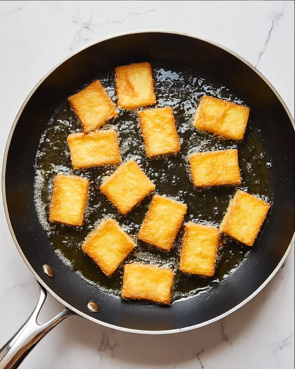 A close-up view of a black frying pan on a white marbled surface, containing 11 golden brown rectangular pieces being fried in bubbling oil. The pieces are evenly spaced and have crisp, slightly raised edges with a smooth texture on top. The pan handle extends to the left side, showing a shiny metallic finish. The white marbled background adds brightness to the image. photo taken with an iphone --ar 4:5 --v 7
