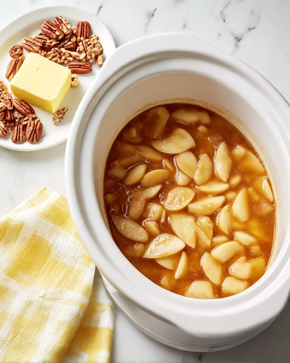 A white slow cooker filled with a thick mixture of sliced apple pieces in a golden light brown sauce. The apples look soft and cooked, covering the whole surface inside the pot. On the left side, there is a white plate with chopped pecans and a block of yellow butter placed on a yellow and white striped cloth. The background shows a white marbled surface. photo taken with an iphone --ar 4:5 --v 7
