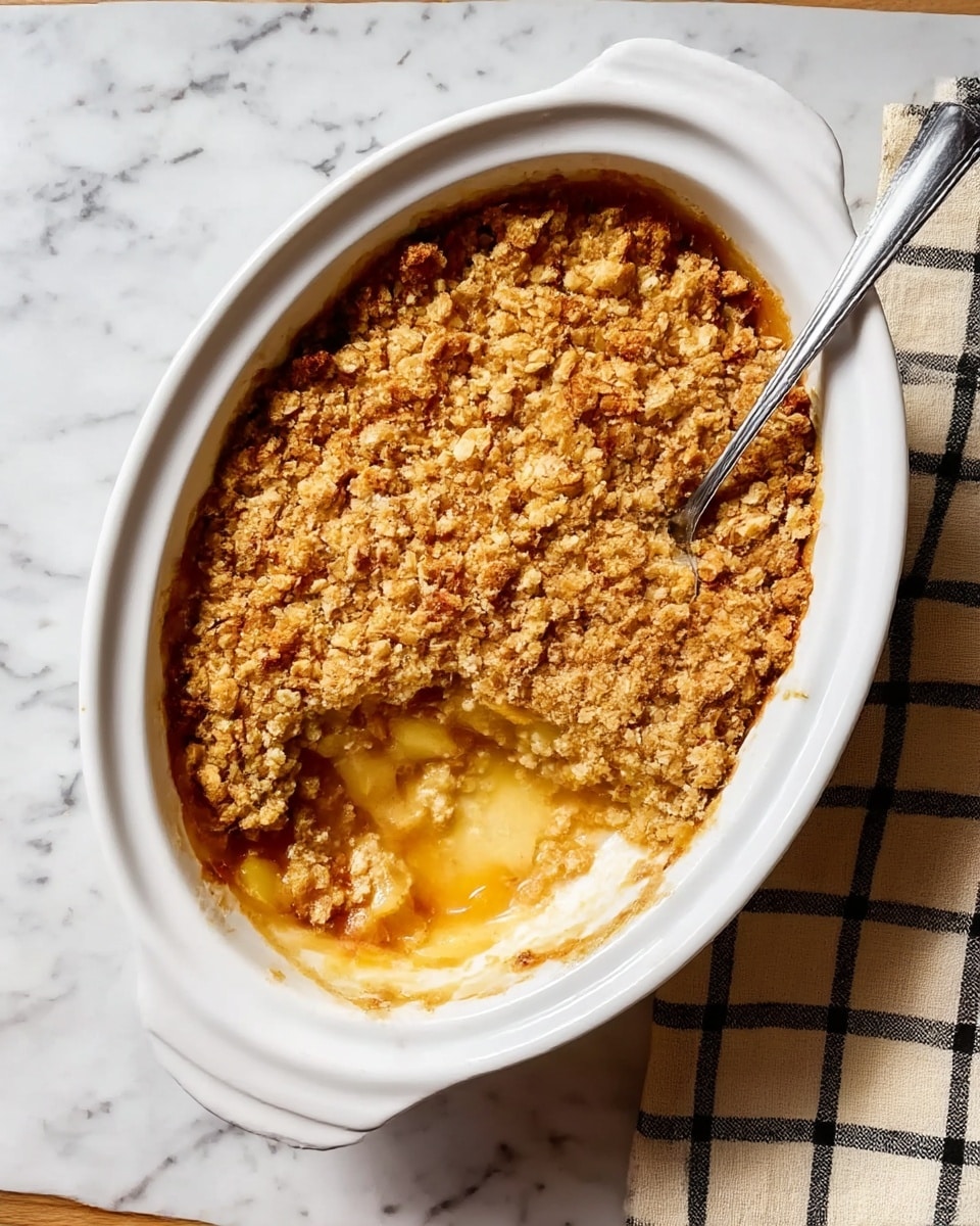 The dish is a white oval ceramic baking dish filled with a fruit crumble. The bottom layer is a light, soft fruit filling in pale yellow and orange tones, visible where a scoop has been taken out on the right side. The top layer is a golden-brown crumb topping with a rough texture, spread thickly and unevenly, covering most of the fruit. A silver fork rests inside on the right side, partially submerged in the fruit layer. The dish is placed on a white marbled surface with a black and cream checkered cloth underneath the top right edge. Photo taken with an iphone --ar 4:5 --v 7