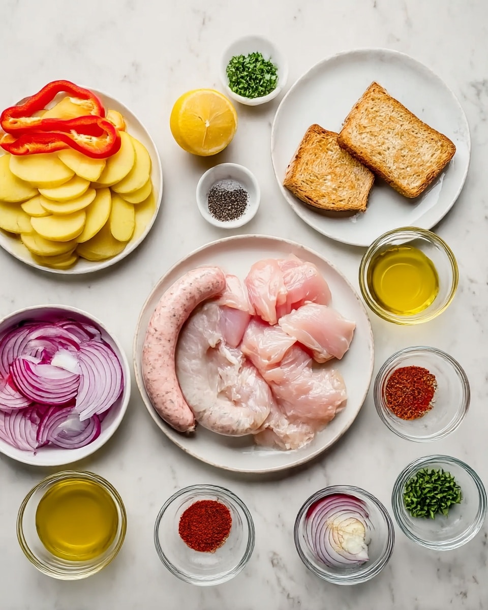 A white plate in the center holds raw pink pieces of chicken and a curved uncooked sausage with white fat bits. Surrounding it are small clear glass bowls with black pepper, red spice, and salt. In the top right, a white plate holds two golden brown toasted bread slices. Nearby, a small white bowl is filled with yellow olive oil, and another small bowl holds green parsley leaves. A halved yellow lemon sits on a small white plate above the chicken. To the left, another white plate is stacked with yellow potato slices. Below that, a white bowl contains sliced rings of red onion. At the top left, white bowls hold sliced red peppers and more clear spice bowls. The background is a white marbled surface. Photo taken with an iphone --ar 4:5 --v 7