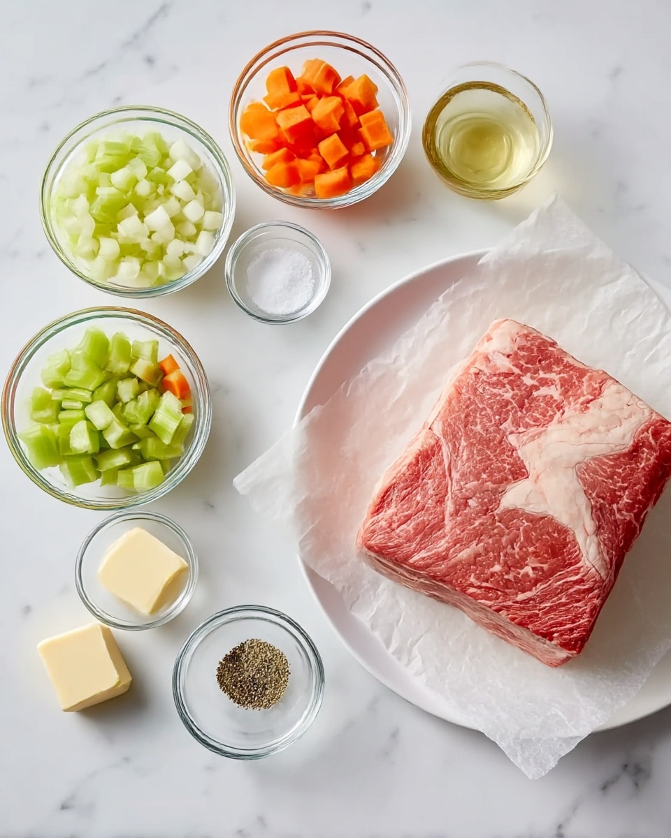 A raw piece of beef with marbled fat lies on white parchment paper on a white plate, showing a mix of deep red and light pink colors. Around it, there are six small clear glass bowls and a measuring cup, each holding different ingredients: chopped light green celery, large carrot pieces in bright orange, roughly chopped white onion, a small block of yellow butter, white salt, ground black pepper, and dried herbs in light brown. The setup is on a smooth white marbled surface, creating a clean and fresh look. photo taken with an iphone --ar 4:5 --v 7
