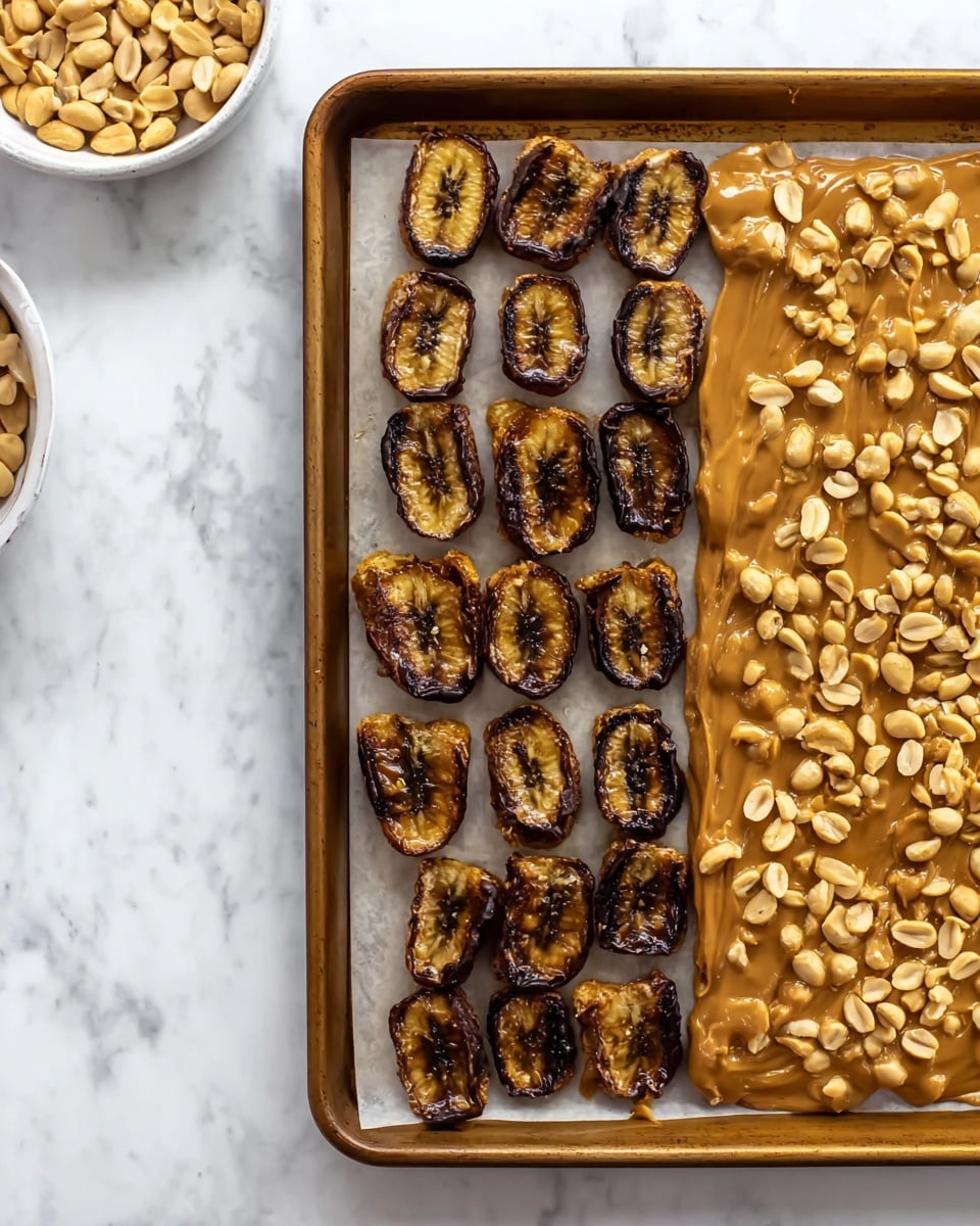 The left side of the image shows a sheet pan lined with parchment paper holding four rows of dried, dark brown banana slices that look slightly shiny and wrinkled. On the right side, the same pan has a layer of sticky light brown peanut butter spread unevenly over the banana slices, topped with a scattered layer of whole light tan peanuts. The pan sits on a surface with white marbled texture, and a white bowl of peanuts is partly visible in the top left corner. photo taken with an iphone --ar 4:5 --v 7