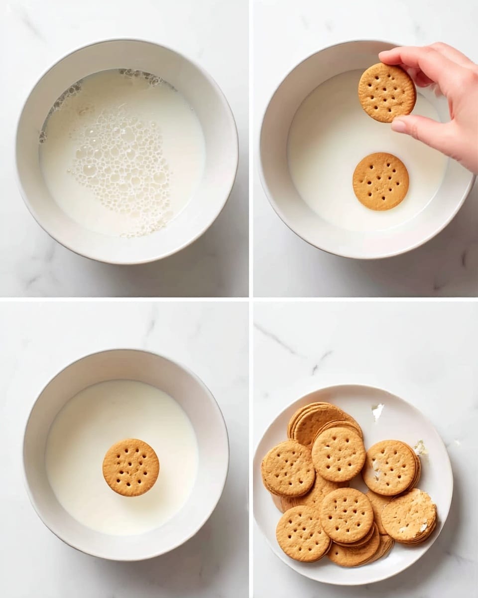 The image shows four steps of dipping round light brown biscuits with small holes in white milk in a white bowl. The first step is just milk in the bowl with some bubbles on the surface. The second step shows a woman's hand holding one biscuit above the bowl of milk. The third step shows one biscuit partially dipped in the milk inside the bowl. The last step shows a white plate filled with several dry biscuits, some whole and one broken, arranged in a circular pattern on a white marbled surface. Photo taken with an iphone --ar 4:5 --v 7