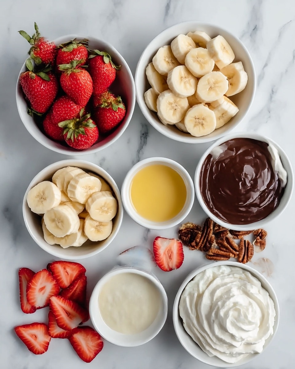 The image shows a white marbled surface with eight white bowls and some loose sliced fruits. Starting at the top left, there is a white bowl filled with whole red strawberries with green leafy tops. To the right is another white bowl with sliced banana pieces arranged in a single layer. Further right is a white bowl with a thick, dark chocolate sauce. In the middle left is a white bowl filled with sliced bananas in a single layer, and in the center is a small white bowl with yellow custard or sauce. To the right is a white bowl filled with soft, white whipped cream with a smooth, swirled texture. At the bottom left, a white bowl has more sliced banana pieces. In the center bottom there are several sliced strawberries without bowls arranged loosely. Finally, at the bottom right is a small white bowl with chopped pecans. The photo taken with an iphone --ar 4:5 --v 7