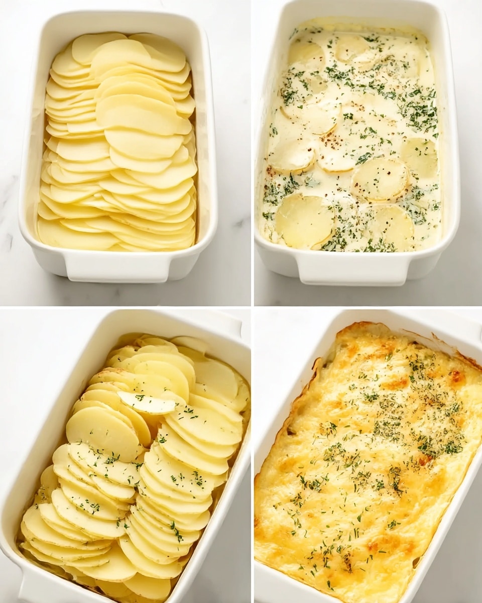 The image shows a step-by-step preparation of a potato dish in a white rectangular baking dish. The first layer is a stack of thin, neatly arranged potato slices, pale yellow with smooth edges, filling the dish. The second layer adds a light creamy sauce with flecks of green herbs and black pepper scattered on top, partially covering the potatoes but allowing them to be seen. The third stage shows another layer of potato slices arranged in the same neat, overlapping way, now sprinkled with fresh herbs and black pepper. The final layer is covered with a thick, bubbly golden melted cheese crust, evenly spread across the whole surface. All pictures are set on a white marbled texture. photo taken with an iphone --ar 4:5 --v 7