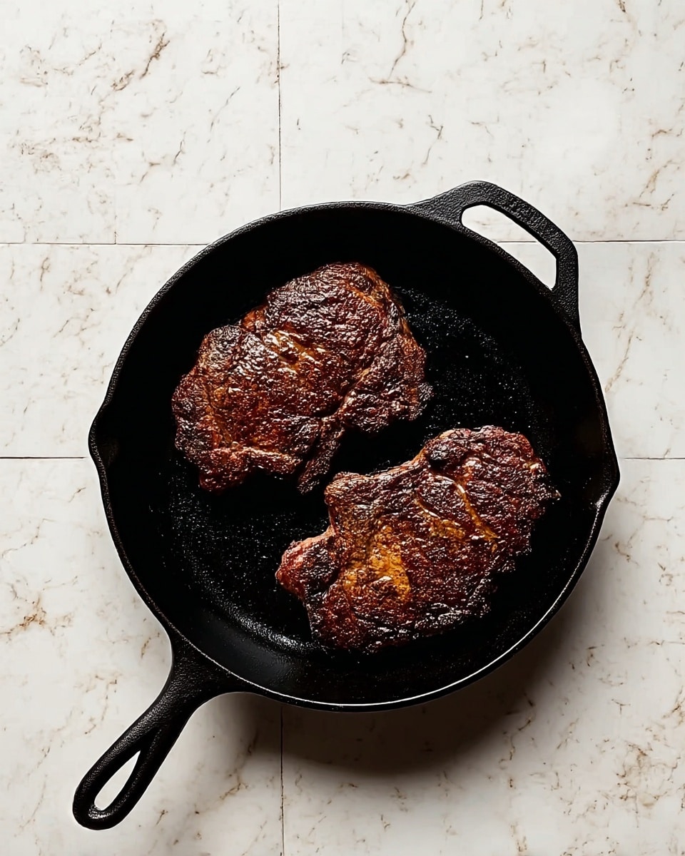 The image shows a black cast iron pan placed on a white marbled tiled surface. Inside the pan, there are two cooked dark brown steaks with a slightly charred and crispy texture on the outside. The steaks have uneven, natural shapes with some lighter brown and golden areas, showing where the meat has browned more. The pan has a long handle extending to the left side and a smaller handle on the right side, and the inside surface of the pan is smooth and black, with a slight shine reflecting light. photo taken with an iphone --ar 4:5 --v 7