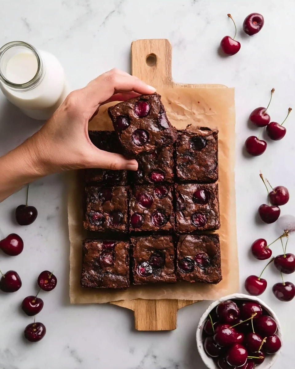 The image shows nine dark brown chocolate brownies arranged in three rows on a piece of light brown parchment paper placed over a wooden board with a small handle, all set on a white marbled surface. Each brownie has a rich, slightly shiny top with visible whole dark red cherries embedded within, adding texture and color contrast. Around the board are scattered fresh dark red cherries with stems, some loose and some in a small white bowl filled with cherries positioned at the bottom right. On the top left, a glass bottle filled with white milk is partially visible, enhancing the cozy, homemade feel. A woman's hand holds one brownie gently from the center, lifting it slightly above the others. photo taken with an iphone --ar 4:5 --v 7