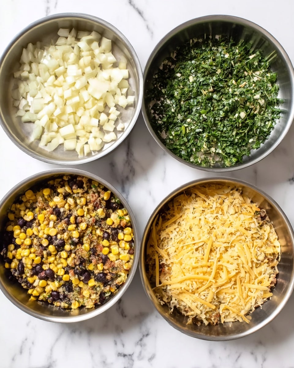 The image shows four metal pans arranged in a 2x2 grid on a white marbled surface. Each pan contains different cooking stages. Top left pan has small pale yellow chopped onions scattered around. Top right pan adds a layer of chopped green herbs mixed with the onions. Bottom left pan adds a mix of yellow corn, black beans, more green herbs, and varied spices spread across the pan. Bottom right pan adds shredded yellow cheese on top of the corn, beans, and spices mixture, giving it a textured, colorful look. Photo taken with an iphone --ar 4:5 --v 7