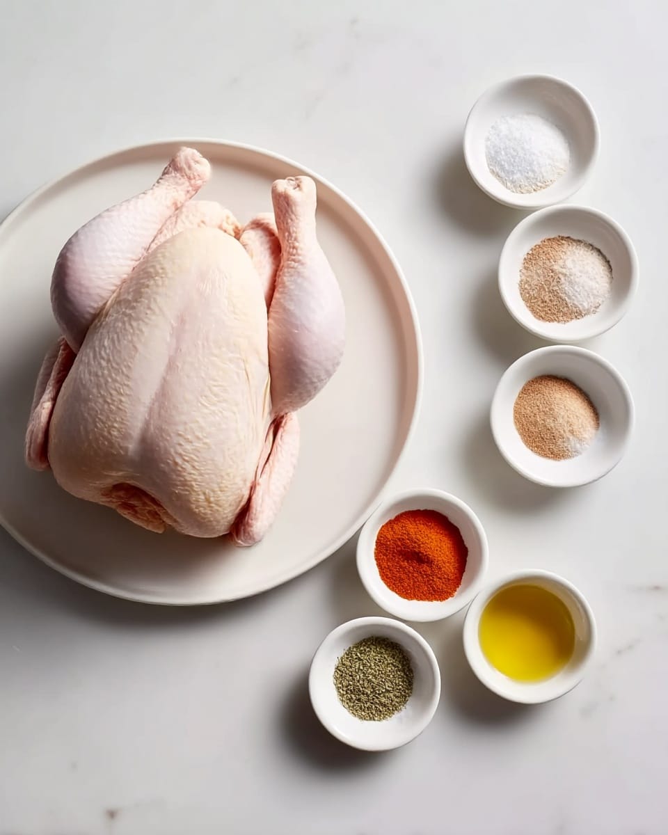 A whole raw chicken with pale pink skin is placed on a large white plate at the left side of the image. To the right, there are five small white bowls arranged in two vertical columns on a white marbled surface. The bowls each contain a different ingredient: white salt, light brown powder, golden yellow oil, reddish-orange spice, and mixed green dried herbs. The overall setup looks clean and organized. photo taken with an iphone --ar 4:5 --v 7