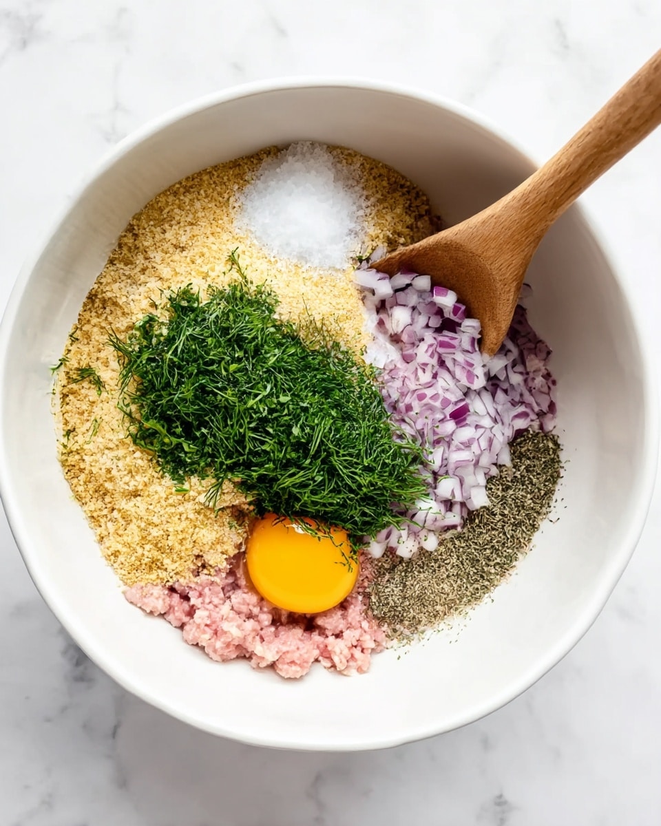 Inside a white bowl on a white marbled surface, there is a mixture of ingredients perfectly arranged in layers. The bottom layer consists of ground meat in a light pink color. On top, there are finely chopped purple onions scattered along with sprinkles of green fresh dill covering a large portion on one side. Nearby, a small pile of white granulated salt rests next to the dill. Another area shows a heap of golden breadcrumbs spreading across the bowl, mingled with more dill. Black pepper and dried herbs are sprinkled near the onions and breadcrumbs. Finally, a single raw egg yolk sits close to the edge of the bowl, adding bright yellow to the scene. A wooden spoon is partially placed inside the bowl, touching the yolk. photo taken with an iphone --ar 4:5 --v 7