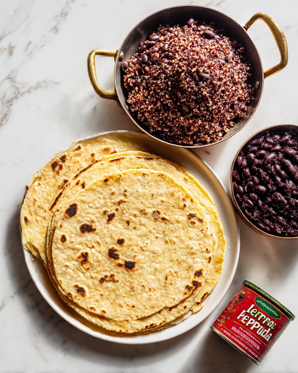 The image shows three toasted flat tortillas on the left side, stacked slightly unevenly on a white plate, with dark brown char marks scattered across their pale yellow surface. To the upper right, there is a bowl filled with cooked black beans that are shiny and dark purple, with a slightly wet texture. Above the tortillas and beans, a round metal pan with copper handles holds a mound of cooked quinoa, showing a mix of dark red, black, and beige grains with a fluffy texture. In the bottom right corner, there is a small red and green can labeled