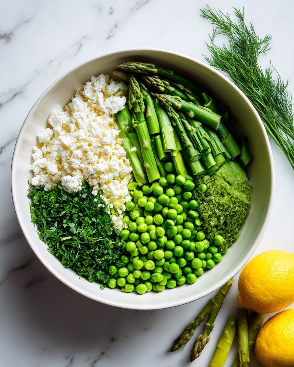 In a white bowl, there are four distinct layers of ingredients arranged side by side: the top left layer is white crumbled cheese with a slightly rough texture, the top right layer consists of green asparagus stems cut into small pieces, the bottom right layer contains round, bright green peas with a smooth texture, and the bottom left layer is made of finely chopped fresh green herbs. The bowl rests on a white marbled surface, with two whole yellow lemons and a few pieces of asparagus on the right side. Photo taken with an iphone --ar 4:5 --v 7