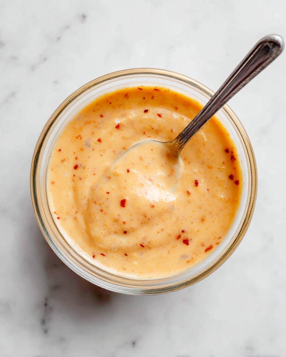 A clear glass bowl sits on a white marbled surface, filled with a creamy sauce that is light orange with visible small red and black specks. The sauce has a smooth, soft texture and is swirled around with a silver spoon partially dipped in it, showing the sauce's thickness and consistency. photo taken with an iphone --ar 4:5 --v 7
