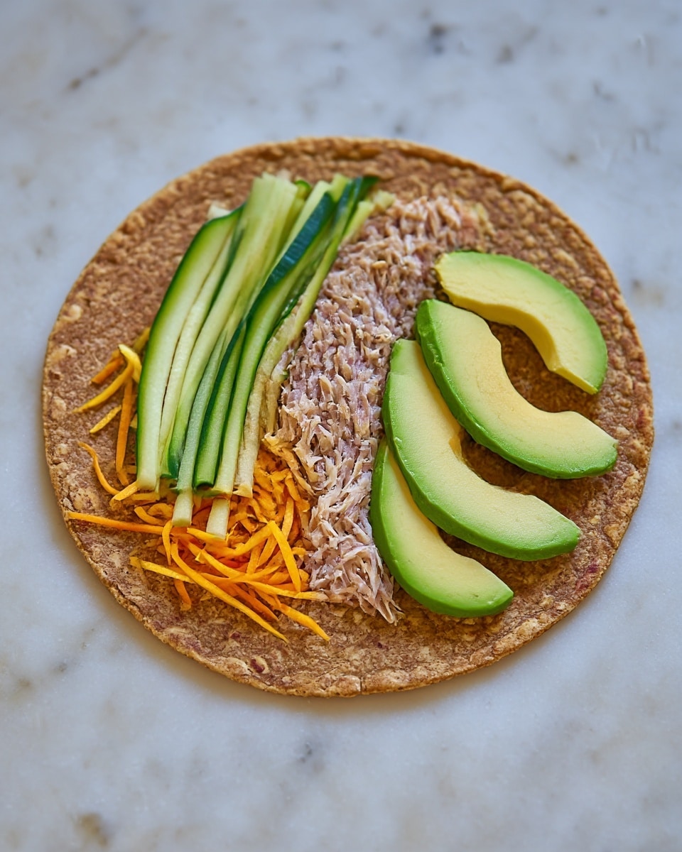 A flat, round whole wheat tortilla lies open on a white marbled surface. On the right side of the tortilla, there are five slim, light green slices of avocado, slightly smooth and creamy in texture. Next to the avocado, a thick layer of light pinkish, finely shredded tuna spread forms a dense strip. To the left of the tuna, several long, thin pale green cucumber sticks with a crunchy texture are arranged evenly. On the far left, there is a vibrant pile of thin, bright orange shredded carrots, adding a fresh and crisp look. All layers are placed side by side from left to right in neat rows across the lower half of the tortilla. Photo taken with an iphone --ar 4:5 --v 7