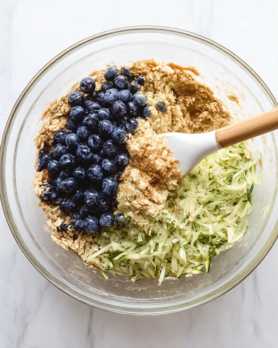The image shows a clear glass bowl on a white marbled surface containing different layers of ingredients before they are fully mixed. Inside, there is a layer of light brown oats mixed with some cinnamon or spice spread throughout. On one side of the bowl, there is a heap of fresh dark blue blueberries, and next to it, a pile of shredded green zucchini. A wooden spoon with a white silicone spatula end is resting inside the bowl, scooping some of the mixture. The bowl in the second part of the image shows the ingredients stirred together, with the oats and spice mixed evenly, blueberries scattered throughout, and shredded zucchini blended in lightly, all inside the same clear glass bowl. Photo taken with an iphone --ar 4:5 --v 7