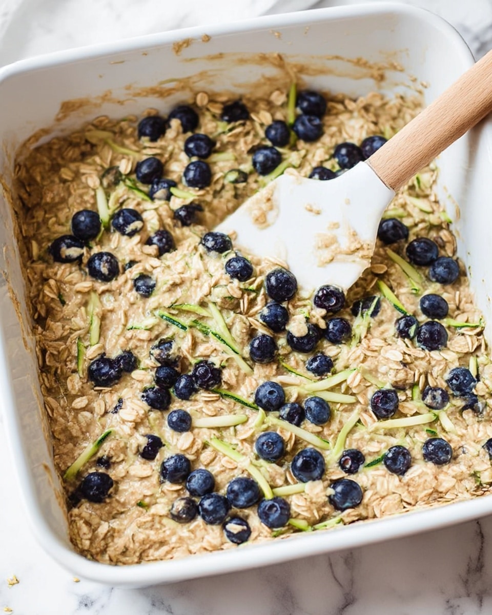 A close-up view of a white square baking dish filled with a thick mixture of light beige oats and scattered dark blue blueberries throughout. Thin, pale green shreds of zucchini are mixed in with the oats and blueberries. A white spatula with a light wooden handle rests inside the dish, partially covered with the oat mixture. The background is a white marbled surface. photo taken with an iphone --ar 4:5 --v 7