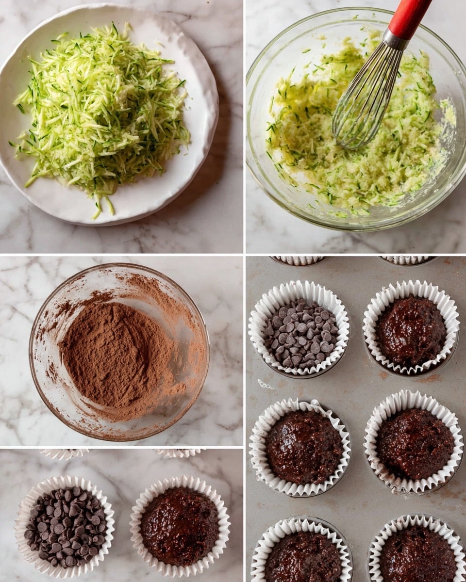 The image shows six stages of preparing a chocolate zucchini muffin batter on a white marbled surface. The first layer is shredded green zucchini placed on a white plate, appearing moist and finely grated. The second layer is the shredded zucchini in a clear glass bowl. The third layer shows the zucchini mixed with wet ingredients, creating a pale green creamy mixture with small zucchini bits, being whisked with a wooden-handled whisk. The fourth layer contains a dry mixture of cocoa powder and flour in a clear glass bowl, showing a coarse dark brown powder texture. The fifth layer is the combined wet and dry mixtures, forming a thick dark chocolate batter mixed with shiny dark chocolate chips, stirred with a red spatula. The final layer shows the dark chocolate batter spooned into white paper muffin cups arranged in a muffin tin, each topped with a few chocolate chips. Photo taken with an iphone --ar 4:5 --v 7