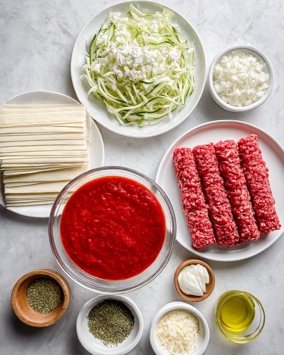 The image shows a top view of several small white bowls and plates arranged in a circle on a white marbled surface. In the center is a clear glass bowl filled with white, soft cottage cheese. Below it, a white bowl is filled with thick, bright red tomato sauce. To the left, a small white plate holds stacked beige lasagna sheets. Above that, a white bowl contains freshly chopped onions that look soft and white. Next to it, a round white bowl holds thin, pale green shredded zucchini with a slightly wet texture. On the right side, a white plate holds bright red raw ground meat neatly laid out in parallel rows. Nearby, a small wooden bowl contains chopped pale garlic pieces, and a small clear glass holds golden yellow olive oil. Two smaller white bowls hold dried green herbs and shredded pale yellow cheese. The whole setup looks clean and ready for cooking. photo taken with an iphone --ar 4:5 --v 7