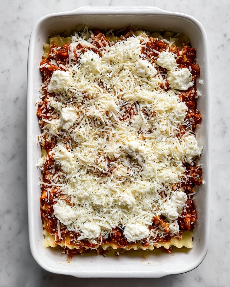 A white rectangular baking dish filled with a layered lasagna before baking. The layers start with a bottom layer of soft, pale yellow pasta sheets. On top of the pasta, there is a mix of chunky, reddish-brown meat sauce with visible herbs and small bits of vegetables. Scattered dollops of creamy white ricotta cheese add texture between the layers of meat sauce. The top layer is fully covered with shredded white mozzarella cheese, spreading evenly over the red sauce. The dish sits on a white marbled surface, showing a clear top-down view of the layers and textures of the lasagna. Photo taken with an iphone --ar 4:5 --v 7
