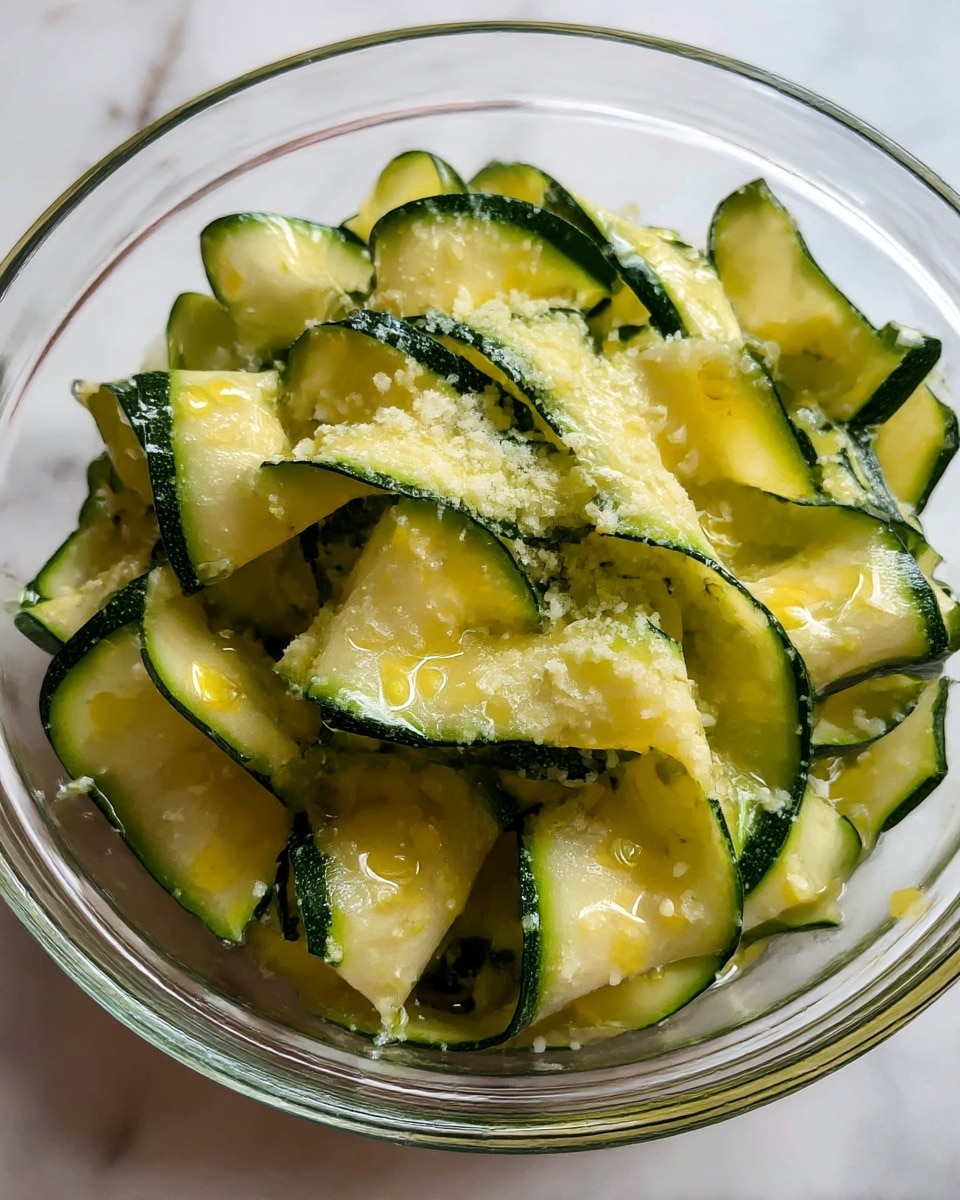 Thin, wide green zucchini ribbons with dark green edges and pale centers are loosely layered and curled inside a clear glass bowl. The ribbons are lightly sprinkled with small white crumbs and drizzled with a glossy yellow dressing, giving them a shiny texture. The bowl sits on a white marbled surface. photo taken with an iphone --ar 4:5 --v 7