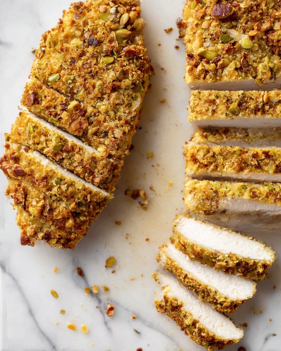 The image shows two pieces of sliced chicken coated with a crunchy crust made of mixed nuts and breadcrumbs. Each piece is cut into thin strips, revealing the white, tender meat inside. The nut crust is golden brown with small green and brown nut pieces visible, textured and crisp. The chicken pieces are laid on a light-colored cutting board with small scattered crumbs. A slice of the chicken is separated on the side, showing the soft inside and crunchy outside clearly. The background is a white marbled texture. photo taken with an iphone --ar 4:5 --v 7