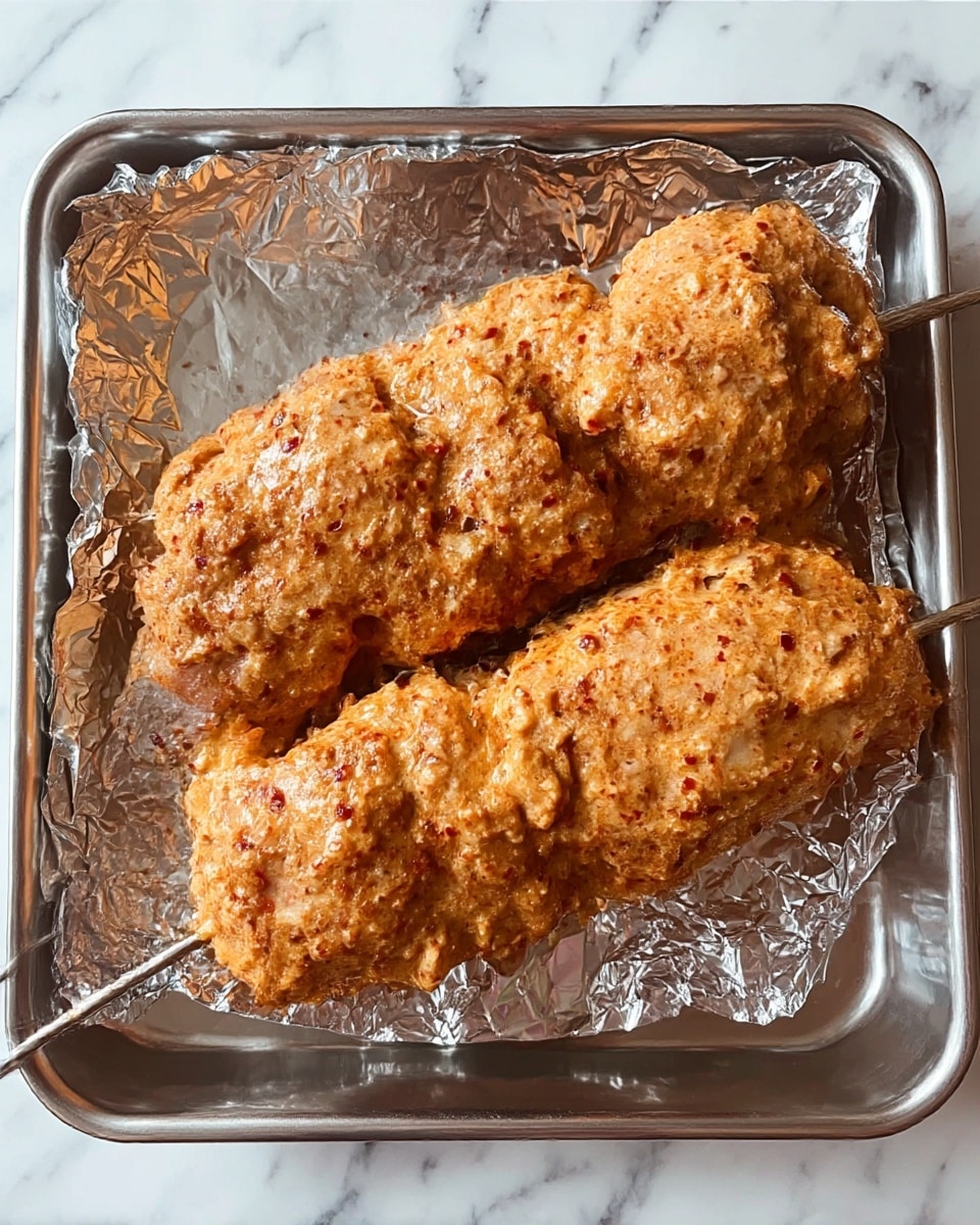 Two large pieces of chicken are placed side by side on three metal skewers, resting on foil inside a tray. Each chicken piece is fully covered in a thick, creamy marinade that has a light orange color with specks of red and brown spices. The texture of the marinade looks slightly grainy and moist, with the chicken pieces stacked to show their rounded shapes and soft surfaces. The foil underneath is shiny and crinkled, reflecting some light. The whole scene is set on a white marbled surface. photo taken with an iphone --ar 4:5 --v 7