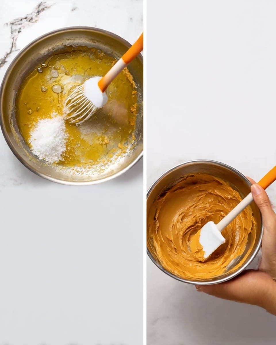 The left side shows a silver pan on a white marbled surface with yellow melted butter and white granulated sugar in it; a white spatula with an orange tip is stirring the mixture. The right side shows a woman's hand holding a silver bowl with thick, smooth, orange-brown peanut butter mixture; a white spatula with an orange tip is inside the bowl resting on the peanut butter. Photo taken with an iphone --ar 4:5 --v 7