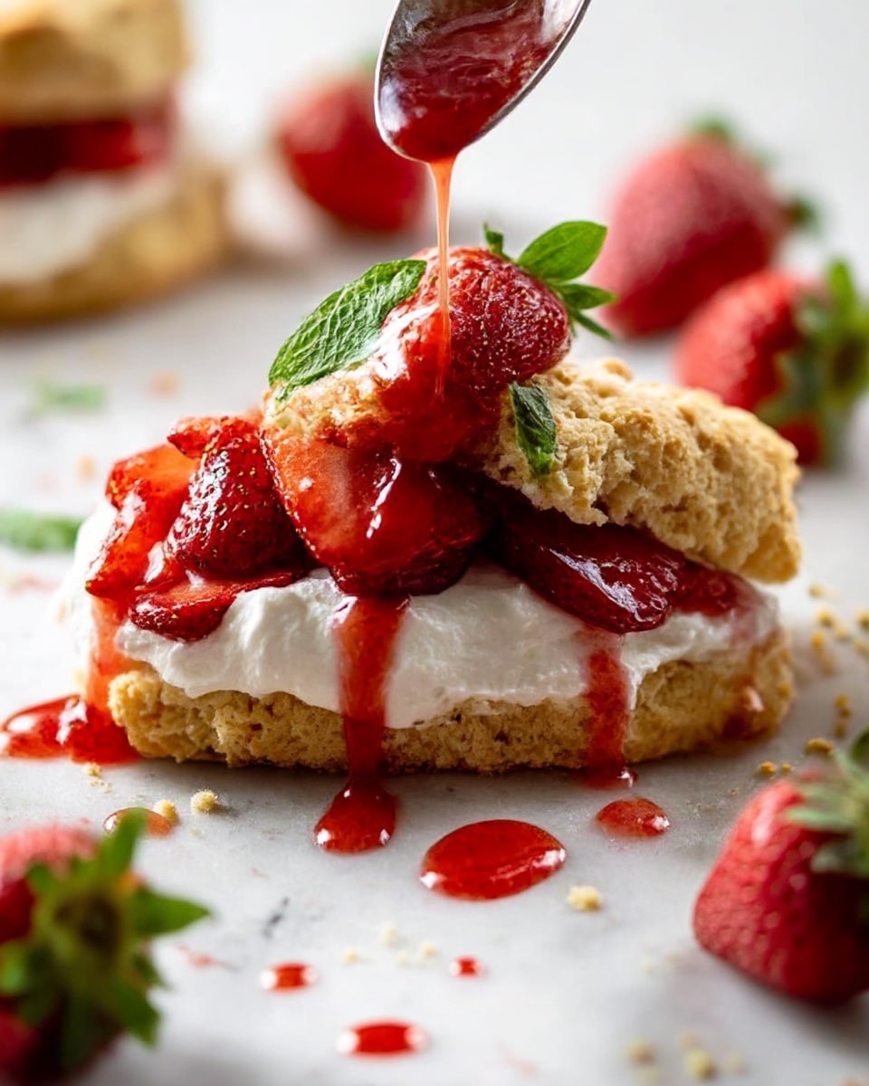 The image shows a close-up of a layered strawberry shortcake dessert placed on a white marbled surface. The bottom layer is a golden-brown biscuit with a rough, crumbly texture. On top of the biscuit is a thick, white creamy layer, looking soft and fluffy. Fresh red strawberries, some whole and some sliced, sit on the cream, with green leaves still attached to some slices. A spoon above the shortcake drizzles bright red strawberry sauce over the strawberries and cream, with drops of sauce scattered around the shortcake on the white marbled surface. The scene is bright and inviting. photo taken with an iphone --ar 4:5 --v 7