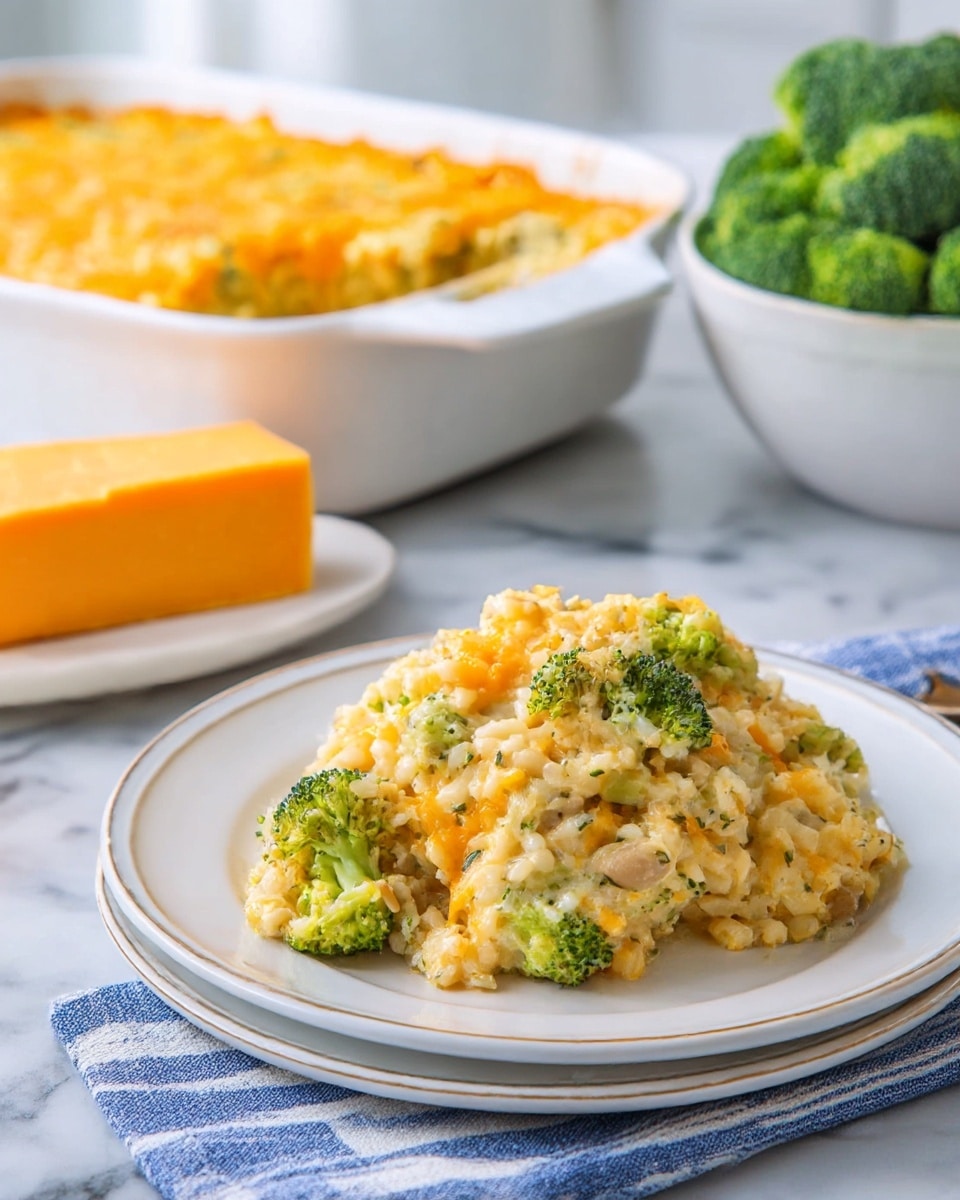 A plate with a mound of creamy rice casserole mixed with bright green broccoli pieces, small light brown chunks, and orange cheese sauce, showing a soft, moist texture with specks of herbs; behind it, a white baking dish filled with similar casserole topped with a melted, golden-orange cheese layer; to the side is a white plate with a block of solid orange cheese and a bowl filled with fresh green broccoli, all placed on a white marbled surface with a blue-and-white striped cloth under the main plate. photo taken with an iphone --ar 4:5 --v 7