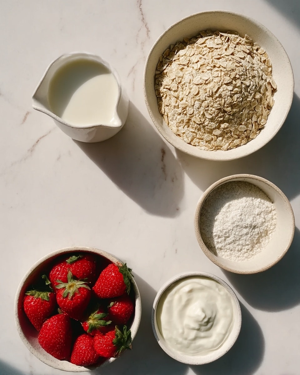 The image shows five white bowls and containers placed on a white marbled surface, each containing different ingredients. At the top right, a bowl filled with light beige dry oats occupies the space. Directly below it, a smaller container holds white flour with a fine texture. To the left, a larger container with a small spout is filled with white milk. At the bottom right, a small bowl contains thick white yogurt with a creamy texture. On the left side, a bowl is filled with fresh, bright red strawberries with green leaves, creating a vibrant contrast. The lighting is natural, casting soft shadows. Photo taken with an iphone --ar 4:5 --v 7