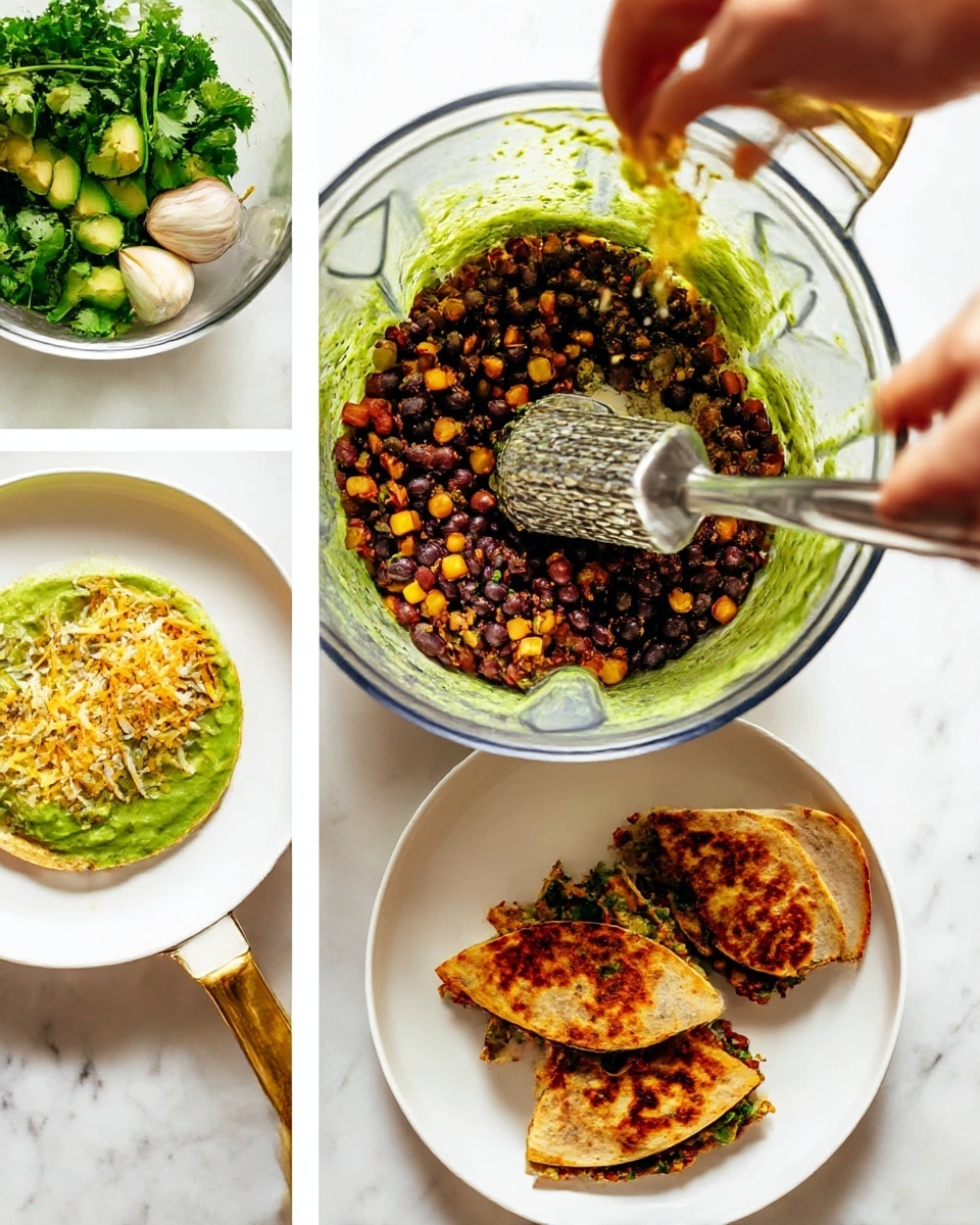 A white pan with golden handle contains two layers: the first layer is small cubed brown and green vegetables sautéed with spices, and the second layer is black beans in the center, being mashed with a metallic masher by a woman's hand. Next, a blender holds fresh green avocado halves, a clove of garlic, and a bunch of green cilantro leaves. In the blender, the ingredients are blended into a smooth bright green creamy sauce. On a white plate, a tortilla is topped with the black bean and vegetable mix, and shredded yellow and white cheese is being sprinkled over it by a woman's hand. Finally, on a white plate with a golden handle, three folded and toasted quesadillas are shown, with a crispy golden-brown outer layer and filling peeking out. The surface underneath is white marble. photo taken with an iphone --ar 4:5 --v 7