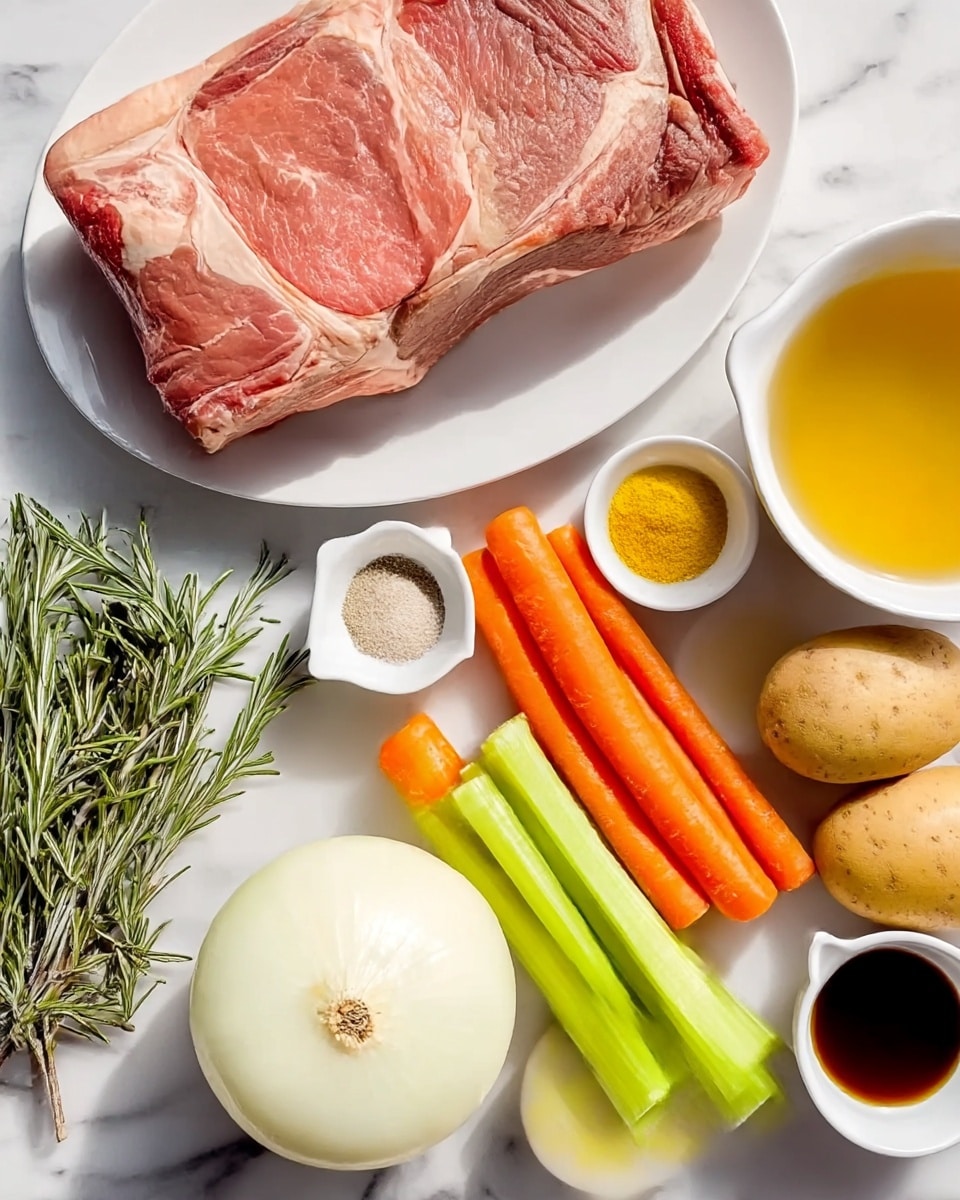 The image shows various cooking ingredients arranged neatly on a white marbled surface. On the left, a large piece of raw meat with red and pink colors rests on a white plate. Near the meat, there is a sprig of fresh green rosemary. Below the meat, a large round white onion sits on the surface. To the right of the onion, there are several bright orange carrots and light green celery sticks stacked side by side. In the background, a white bowl filled with golden-yellow broth is visible. Around the broth bowl, there are smaller white dishes containing yellow mustard, a mix of salt and pepper, light yellow oil, three white garlic cloves, and a dark brown sauce. Two light brown potatoes are placed on the right side of the image. The lighting is bright and natural, and the image has a clean and fresh look. Photo taken with an iphone --ar 4:5 --v 7