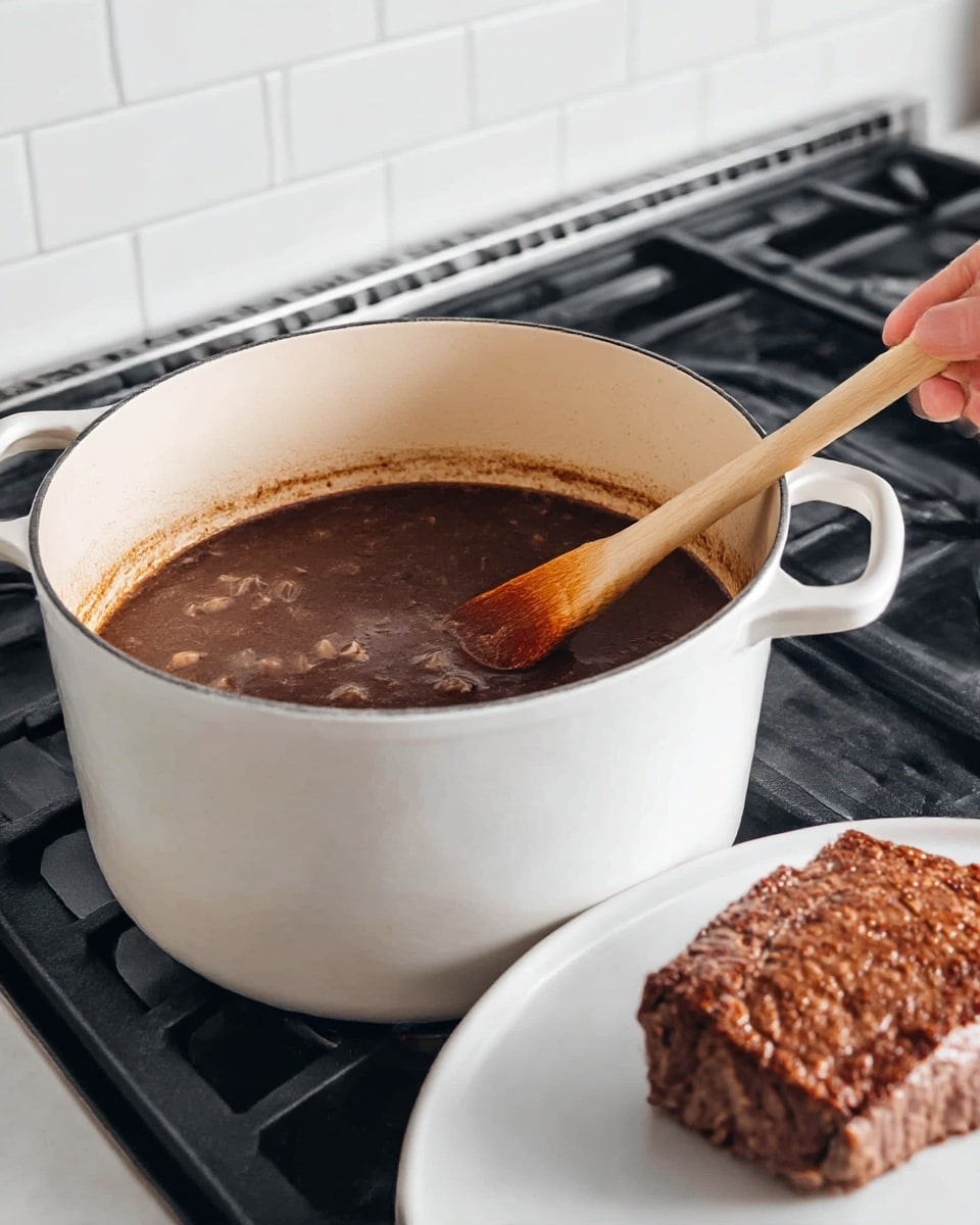 A large white pot with two handles holds a dark brown liquid with small chunks, likely a stew or soup, being stirred by a woman's hand holding a light wooden spatula. The pot sits on a black stovetop with visible burners. Next to the pot, on a white plate on a white marbled surface, there is a piece of cooked brown meat with a textured crust. The background features a white tiled wall. photo taken with an iphone --ar 4:5 --v 7