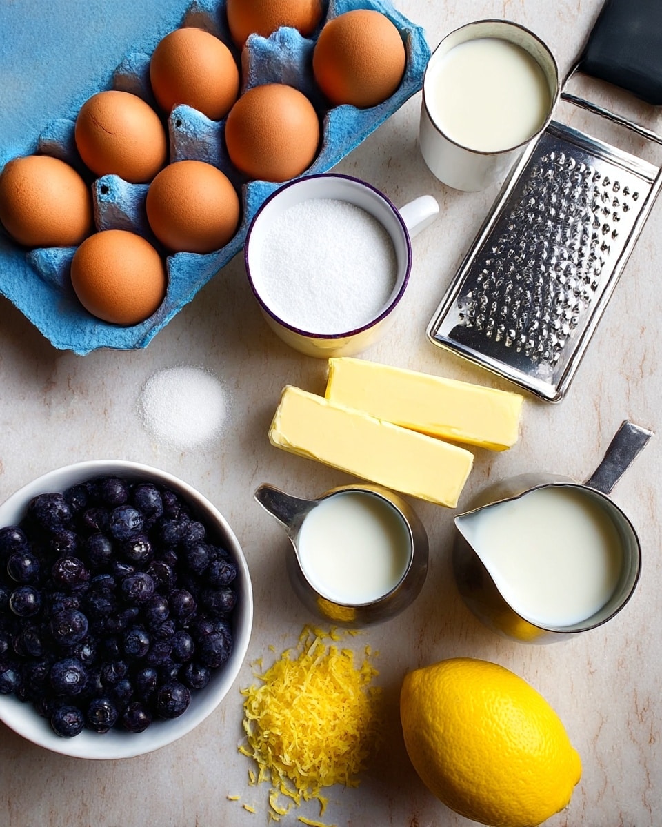 The image shows a wooden table with baking ingredients arranged neatly. There is a white carton holding nine brown eggs in the top left corner. Below it, a white cup filled with white sugar sits next to two sticks of pale yellow butter on the table. Near the butter, there is a small pile of grated yellow lemon zest. Toward the bottom left, a white bowl filled with dark blue blueberries is visible. To the right of the bowl, a whole, bright yellow lemon sits on the table. Two metal measuring cups filled with white milk are nearby, with a black grater lying above the larger cup. The surface is a white marbled texture. Photo taken with an iphone --ar 4:5 --v 7