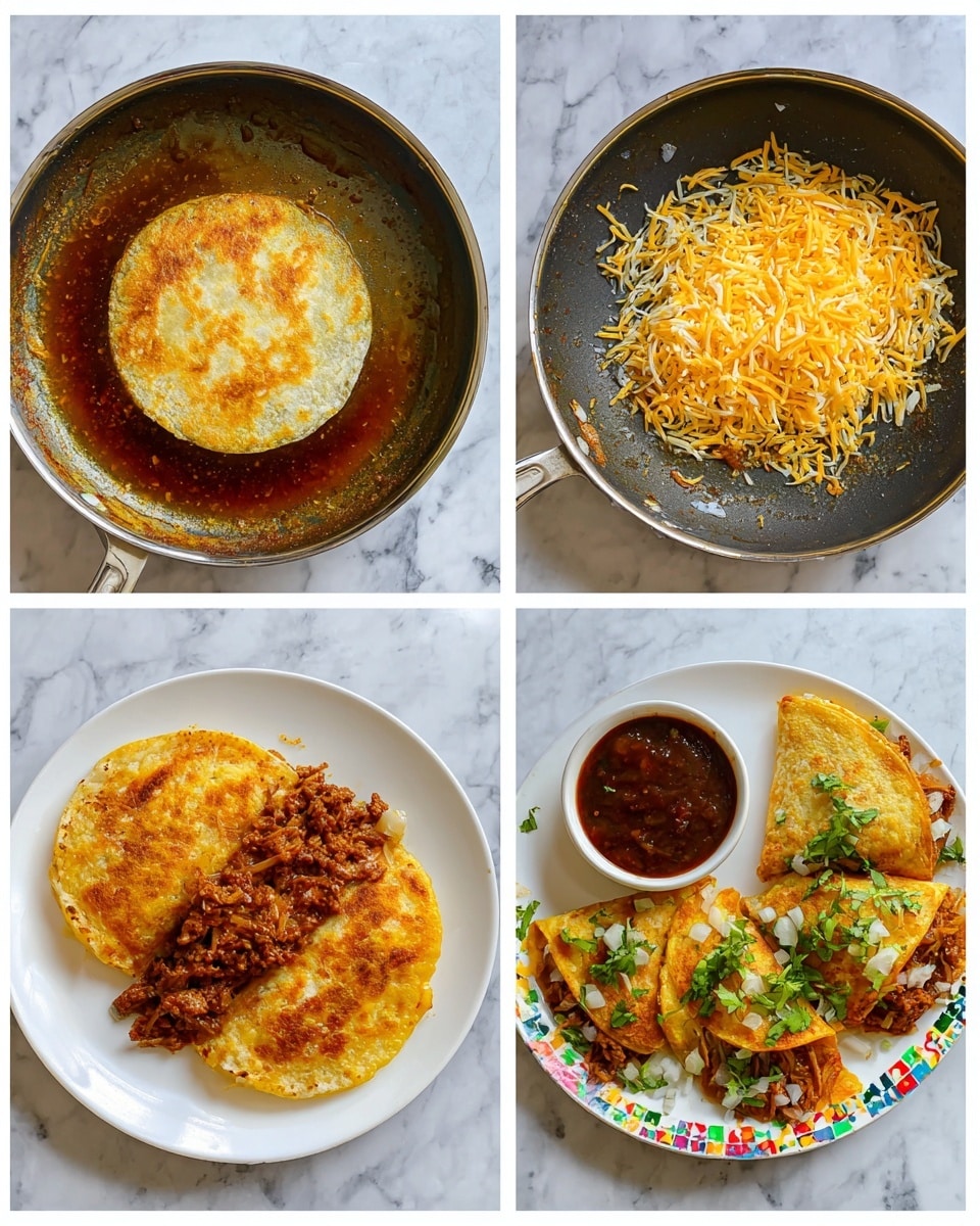 The image sequence shows a cooking process for a taco. The first image presents a white corn tortilla frying in a pan with golden oil, the tortilla turning slightly golden brown on the edges. The second image shows the tortilla in the same pan, now covered with a layer of shredded yellow and white cheese. In the third image, the tortilla in the pan has a chunky brown meat filling on half of its surface, with some melted cheese still visible around the meat. The final image shows three folded tacos arranged on a white plate with colorful patterns, filled with meat, topped with chopped onions and fresh cilantro leaves; alongside the tacos is a small white bowl filled with dark red salsa. The plate sits on a white marbled textured surface. Photo taken with an iphone --ar 4:5 --v 7