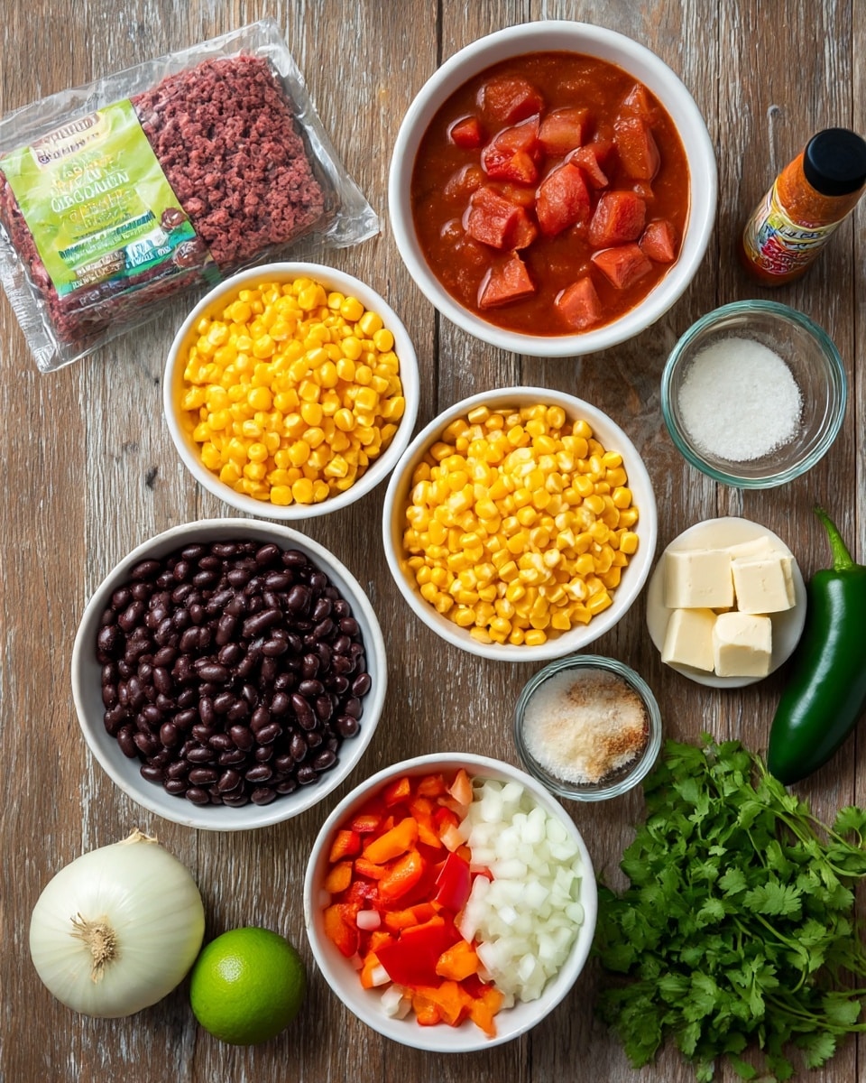 The image shows several ingredients neatly arranged on a wooden surface. There is a package of organic ground beef in the top left corner. Below it, a white bowl holds chunks of red tomatoes in sauce. Next to it, a white bowl is full of bright yellow corn kernels. Below the corn, another white bowl contains black beans that shine under the light. Next to the beans, a small white bowl holds diced red and orange bell peppers. Below the peppers, a large white bowl is filled with chopped white onions. To the right of the onions, a small white bowl contains several cubes of cream cheese. Above the cream cheese, a small glass bowl has seasoning mixed with white salt. A bottle of taco seasoning lies next to the bowl. A half lime, some garlic cloves, fresh green cilantro, and a whole green jalapeño pepper are spread around the bowls. The whole scene rests on a wooden surface replaced here for prompt with a white marbled texture. photo taken with an iphone --ar 4:5 --v 7