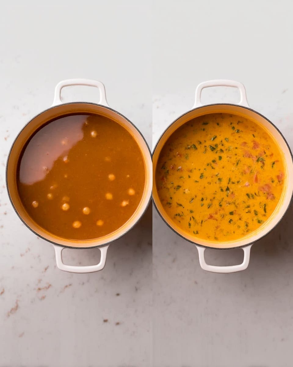 The image shows two round white pots with two handles each, placed side by side on a white marbled surface. The pot on the left is filled with a smooth brown soup that has visible small pieces of chickpeas and other tiny ingredients floating on the surface. The pot on the right contains a creamy orange soup with small green herbs and bits of food spread evenly throughout the liquid. Both pots have a shiny, clean finish, and the lighting highlights the colors and textures of the soups inside them. photo taken with an iphone --ar 4:5 --v 7