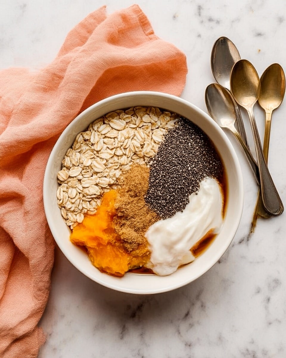 A white bowl filled with several ingredients layered side by side, including light beige rolled oats, a dark pile of chia seeds in the center, light brown cinnamon powder, a creamy white yogurt dollop, and a bright orange pumpkin puree. A dark liquid surrounds the ingredients, contrasting with the pale tones. The bowl is placed on a white marbled surface with a soft peach-colored cloth nearby, and three spoons with varied shades of silver and gold rest to the side. photo taken with an iphone --ar 4:5 --v 7