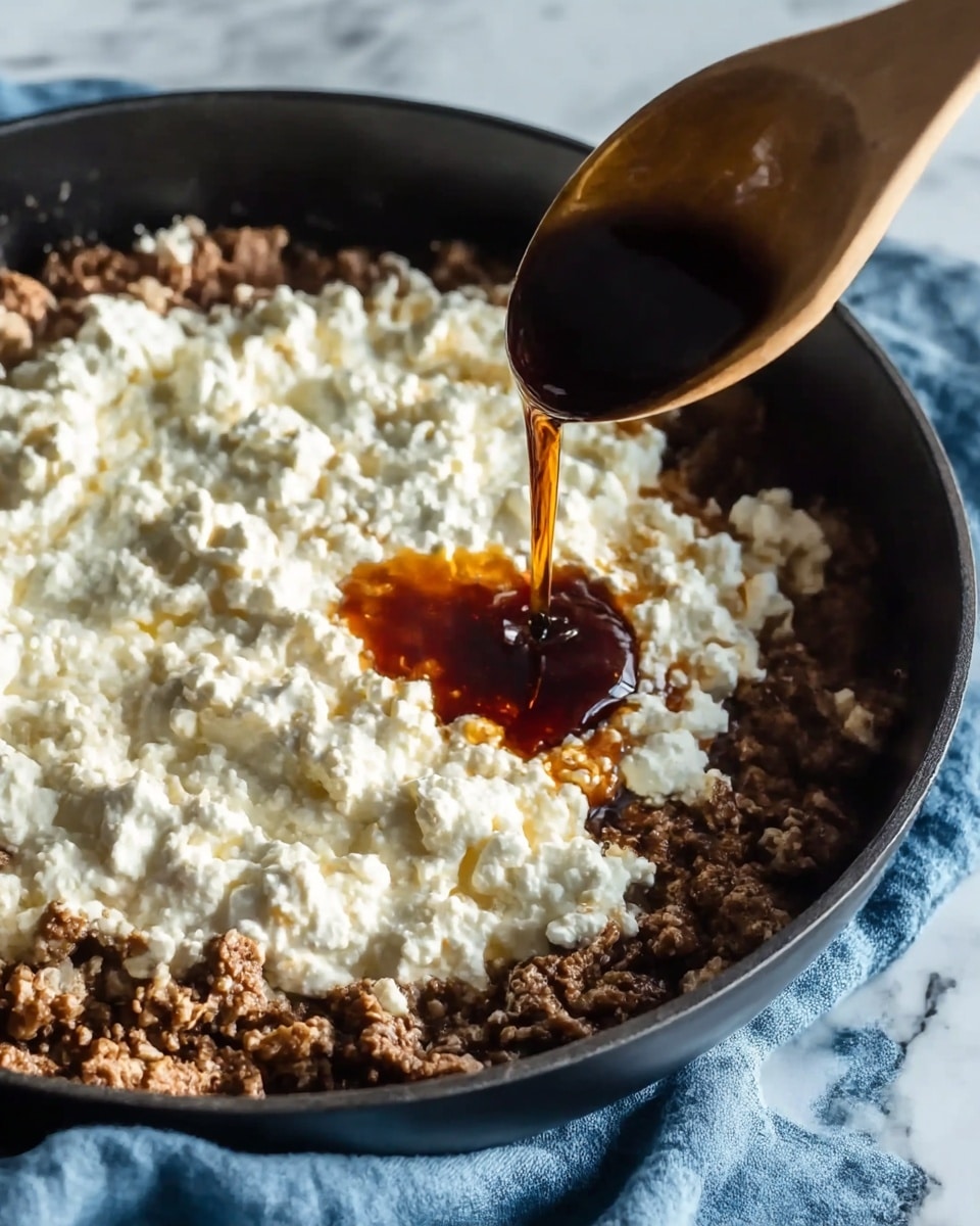 The image shows a close-up of a black skillet filled with three main layers. The bottom layer consists of browned cooked ground meat, with a coarse texture and deep brown color, evenly spread across the pan. On top of this is a thick layer of white, creamy cottage cheese, with smooth and crumbly parts mixed together, covering much of the meat. A dark brown liquid, likely soy sauce or a similar sauce, is being poured with a wooden spoon from the upper right corner onto the white layer, creating a shiny, wet area on the cheese. The skillet rests on a soft blue cloth, lying on a white marbled surface photo taken with an iphone --ar 4:5 --v 7