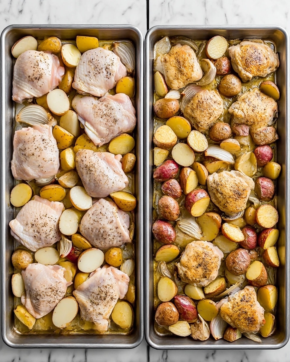 The image shows two metal baking trays on a white marbled surface. The left tray contains six raw chicken thighs placed in the center, each surrounded by small potato chunks of different colors, including yellow and red, along with some onion wedges scattered throughout. The chicken skin is pale with some black pepper sprinkled on top, and the potatoes look raw with smooth textures. The right tray shows the same chicken thighs and potatoes after cooking; the chicken skin is golden-brown and crispy, and the potatoes have a roasted appearance with browned and slightly crispy edges. The onions softened and blended into the tray with a roasted texture. photo taken with an iphone --ar 4:5 --v 7