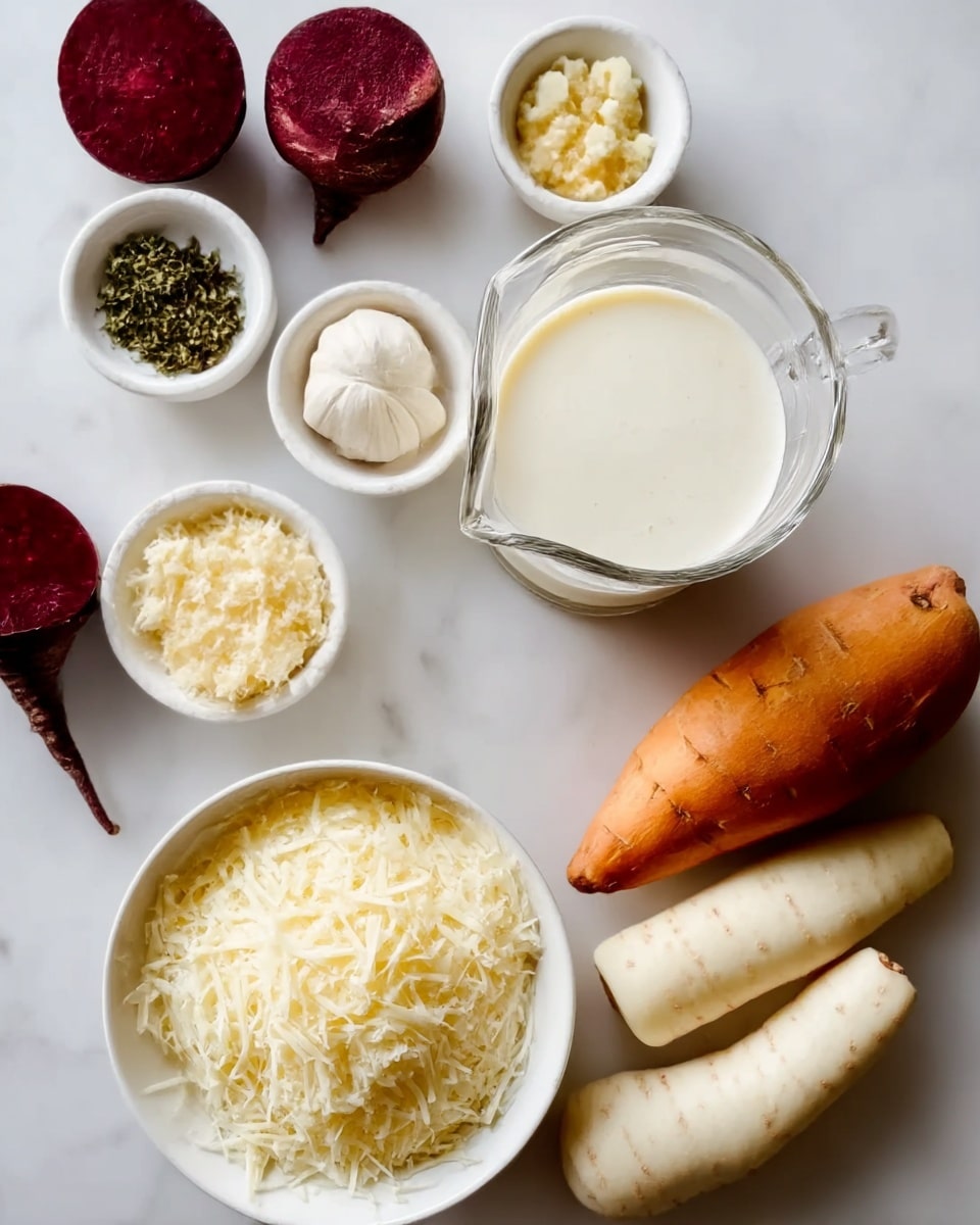The image shows a clean white marbled surface with several fresh ingredients arranged neatly. There are four dark red beets in the top left corner, along with three small white bowls containing chopped herbs, minced garlic, and a creamy white substance. A large white bowl filled with finely grated cheese sits in the center, next to a clear glass pitcher of white milk or cream. Below that, a white bowl holds shredded white cheese, while to the bottom right, there are several pieces of peeled white root vegetables and two whole orange sweet potatoes placed nearby. The arrangement is simple, with each item clearly visible and well spaced. photo taken with an iphone --ar 4:5 --v 7