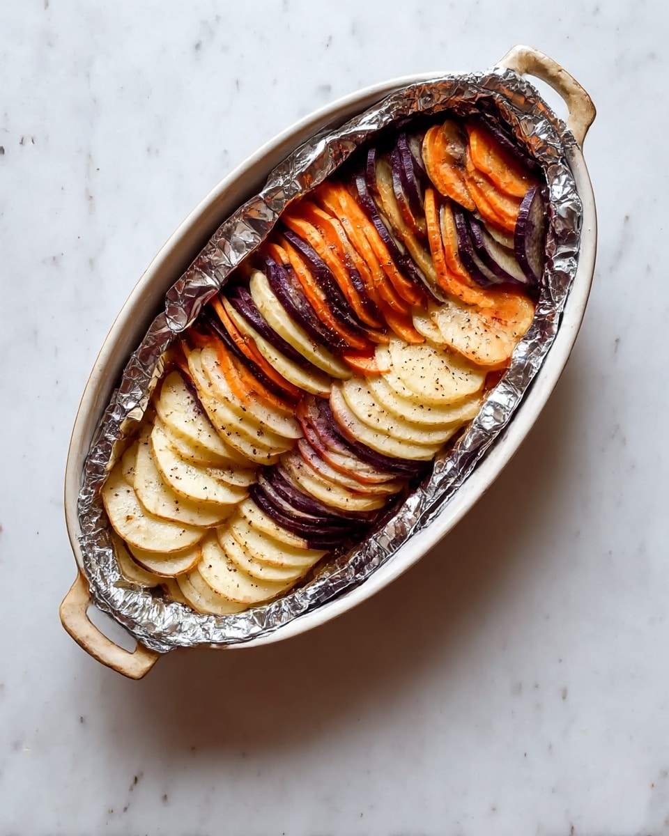 The image shows an oval white baking dish filled with thinly sliced root vegetables arranged in neat overlapping rows. The layers alternate in color: creamy white, orange, and deep purple, creating a striped pattern that covers the entire dish. The vegetables are sprinkled lightly with seasoning, adding small specks of color on top. The baking dish is placed on a white marbled surface, and in the second image, the dish is fully covered with shiny aluminum foil. photo taken with an iphone --ar 4:5 --v 7