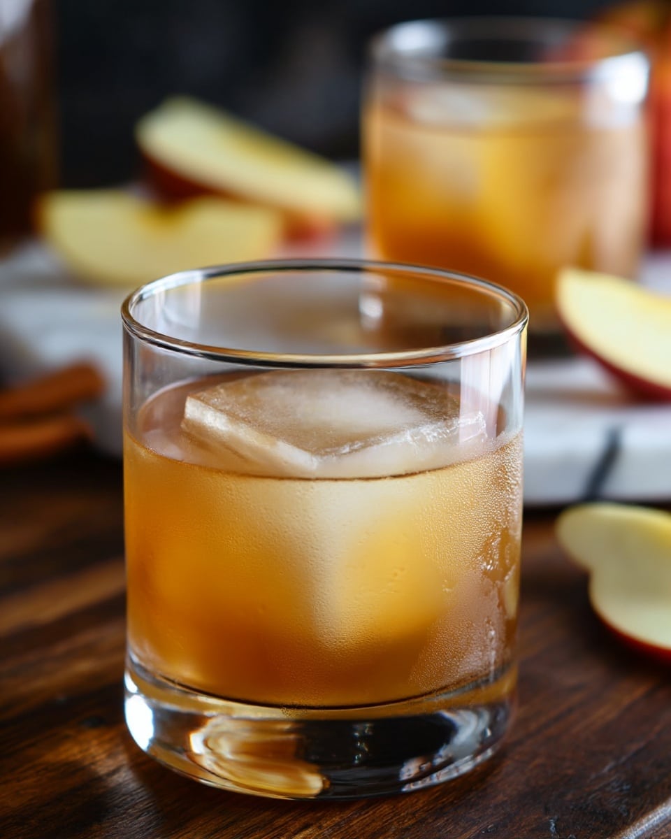 A clear round glass sits on a white marbled surface, filled with two layers: the bottom layer is a pale amber liquid, and the top layer is slightly lighter with a large clear ice cube floating in it. In the background, there is a second glass with the same drink blurred, and behind that, some apple slices on a wooden board with faint warm brown tones around. The drink looks cold with condensation visible on the glass photo taken with an iphone --ar 4:5 --v 7