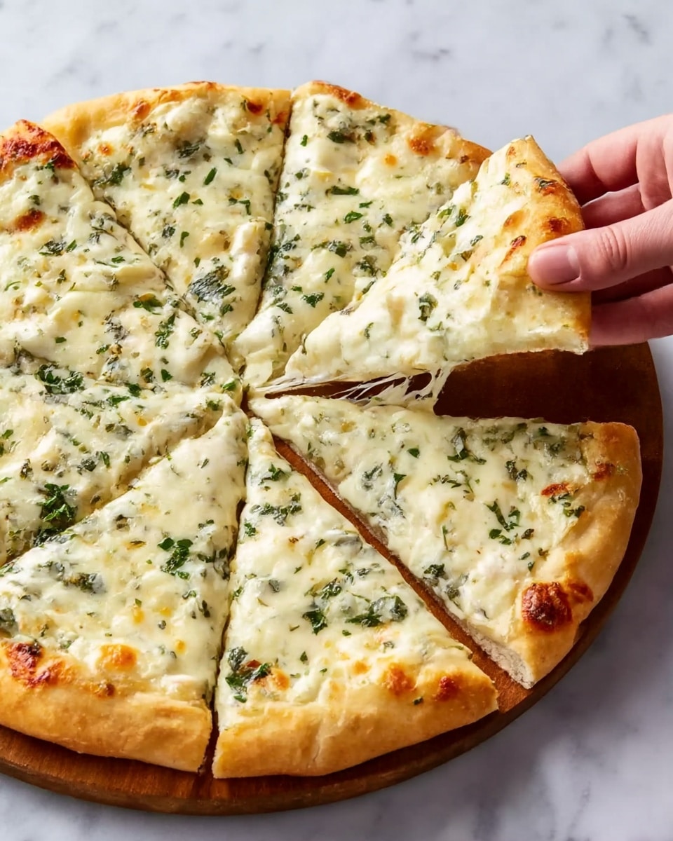 A round pizza with eight slices is shown on a wooden board placed on a white marbled surface. The pizza has a golden brown crust that is thick and soft-looking. The top layer is covered with a creamy white sauce mixed with melted white cheese that is slightly browned in spots. Small bits of green herbs are evenly spread throughout the cheese layer. A woman's hand is pulling one slice away from the pizza, showing the stretchy, soft texture of the cheese. Photo taken with an iphone --ar 4:5 --v 7