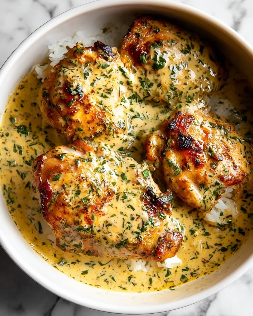 A white bowl filled with three pieces of golden-brown grilled chicken, each piece covered in a creamy sauce with green herbs sprinkled all over. The sauce is thick and yellowish with green flecks, pooling around the chicken which rests on a bed of white rice barely visible underneath. The chicken has a slightly crispy texture on top with spots of darker char, and the sauce looks rich and smooth. The bowl is placed on a white marbled surface. photo taken with an iphone --ar 4:5 --v 7