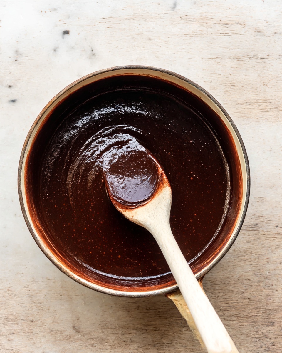 A small pot filled with dark, thick chocolate sauce that has a shiny, smooth, and slightly bumpy texture. A white wooden spoon inside the pot shows the rich sauce coating it evenly. The pot has a worn, pale handle and sits on a white marbled surface. photo taken with an iphone --ar 4:5 --v 7