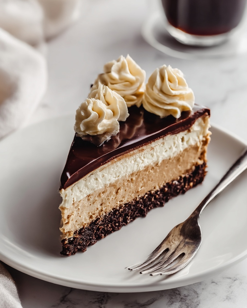 Coffee Cheesecake with Chocolate Espresso Ganache and Coffee Whipped Cream Recipe 5 A slice of layered dessert on a white plate shows three main layers: the bottom layer is a dark, crumbly chocolate crust, the middle layer is light brown and creamy with a smooth texture, and the top layer is a glossy, dark chocolate glaze. On top of the slice, there are two swirls of pale cream with a soft, fluffy texture placed near the wide edge of the triangle. A silver fork lies on the plate next to the dessert. The white plate sits on a white marbled surface with soft light and a glass of dark liquid in the background. photo taken with an iphone --ar 4:5 --v 7