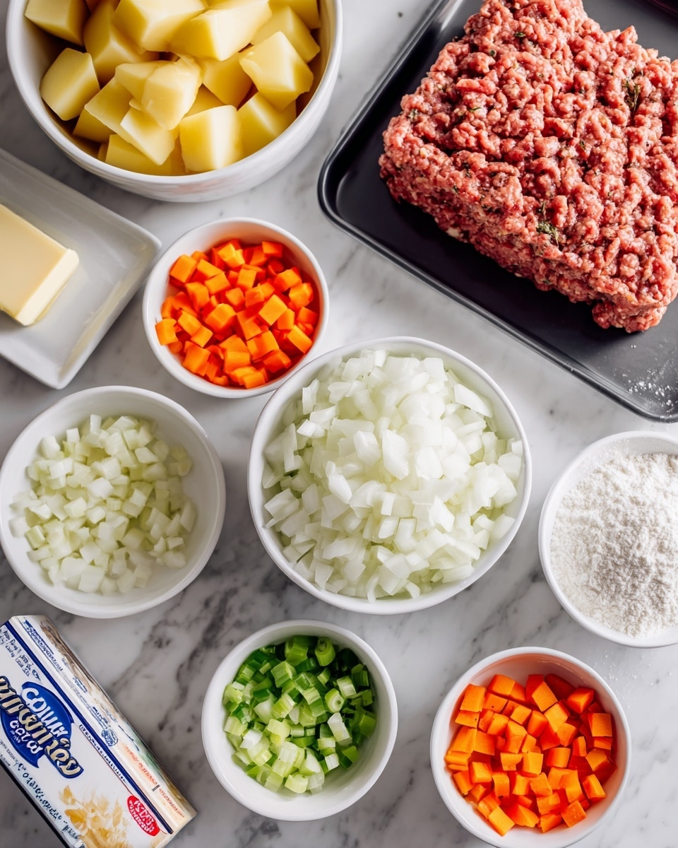 The image shows several white bowls and a black tray placed on a white marbled surface. At the center is a white bowl filled with finely chopped white onions. Surrounding it are bowls with small diced orange carrots, chopped green celery, and minced garlic, all in smaller white bowls. A large white bowl holds cut yellow potatoes. The black tray contains raw ground beef with a textured surface. A pack of sour cream with blue and red text leans against the tray. There is also a white dish with a square of butter and a white bowl with white flour. The arrangement displays fresh ingredients ready for cooking. Photo taken with an iphone --ar 4:5 --v 7